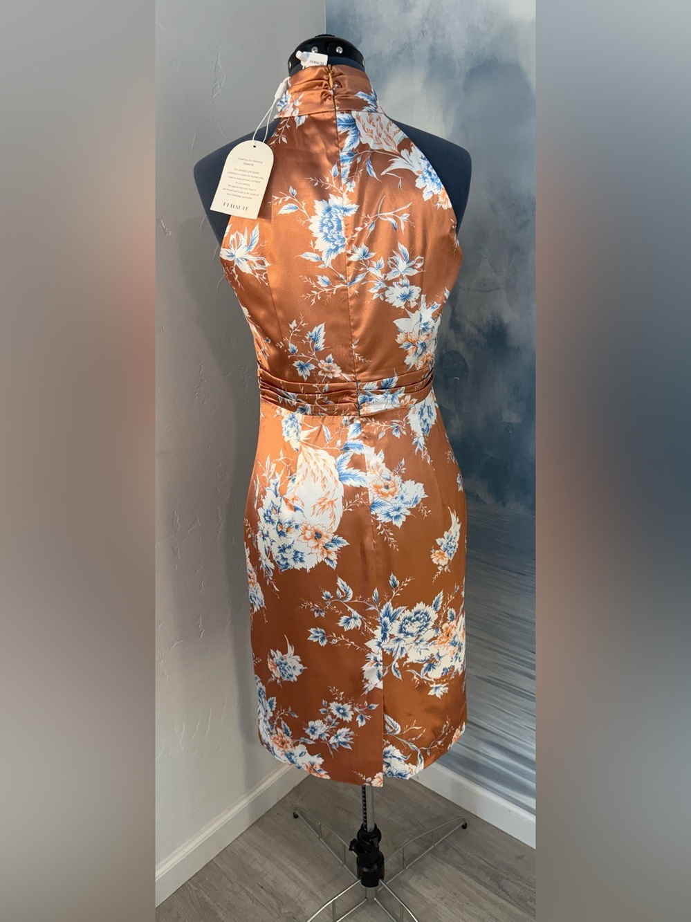 Halter Floral Satin Midi Dress in Rust #395 - Picture 3 of 10